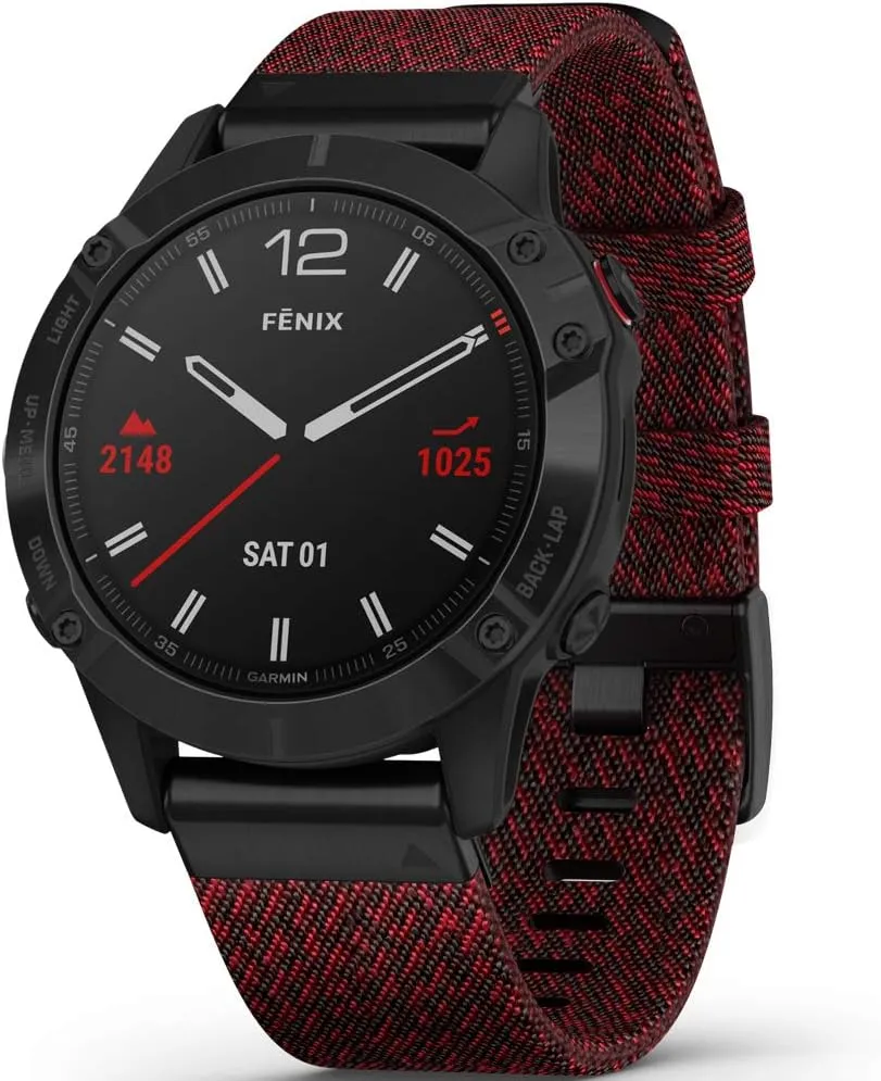 Garmin fenix 6 Sapphire, Premium Multisport GPS Watch, Features Mapping, Music, Grade-Adjusted Pace Guidance and Pulse Ox Sensors, Black DLC with Heathered Red Nylon Band