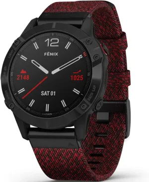 Garmin fenix 6 Sapphire, Premium Multisport GPS Watch, Features Mapping, Music, Grade-Adjusted Pace Guidance and Pulse Ox Sensors, Black DLC with Heathered Red Nylon Band