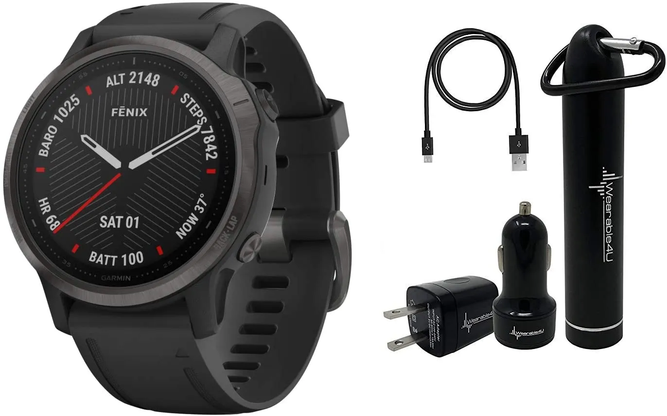 Garmin Fenix 6S Smaller-Sized Multisport GPS Watch with Ultimate Power Bundle (Sapphire/Carbon Gray DLC with Black Band)
