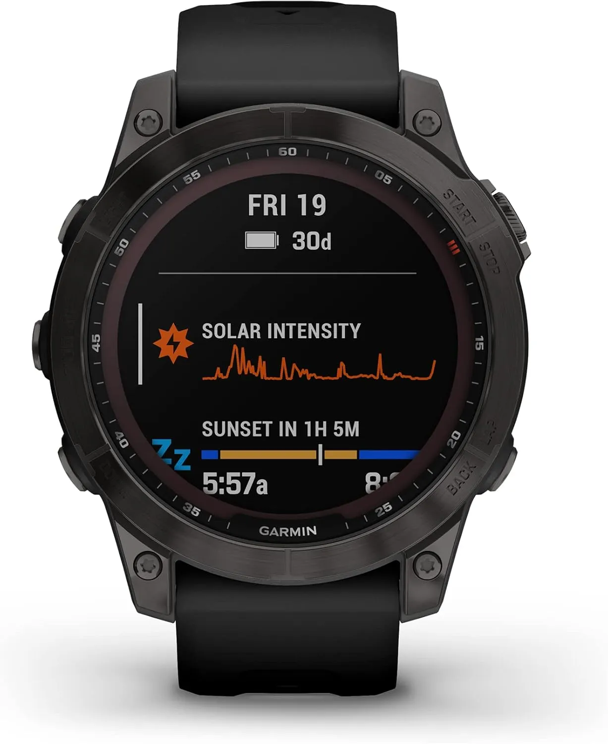 Garmin fenix 7 Sapphire Solar, adventure smartwatch, with Solar Charging Capabilities, rugged outdoor watch with GPS, touchscreen, wellness features, carbon gray DLC titanium with black band