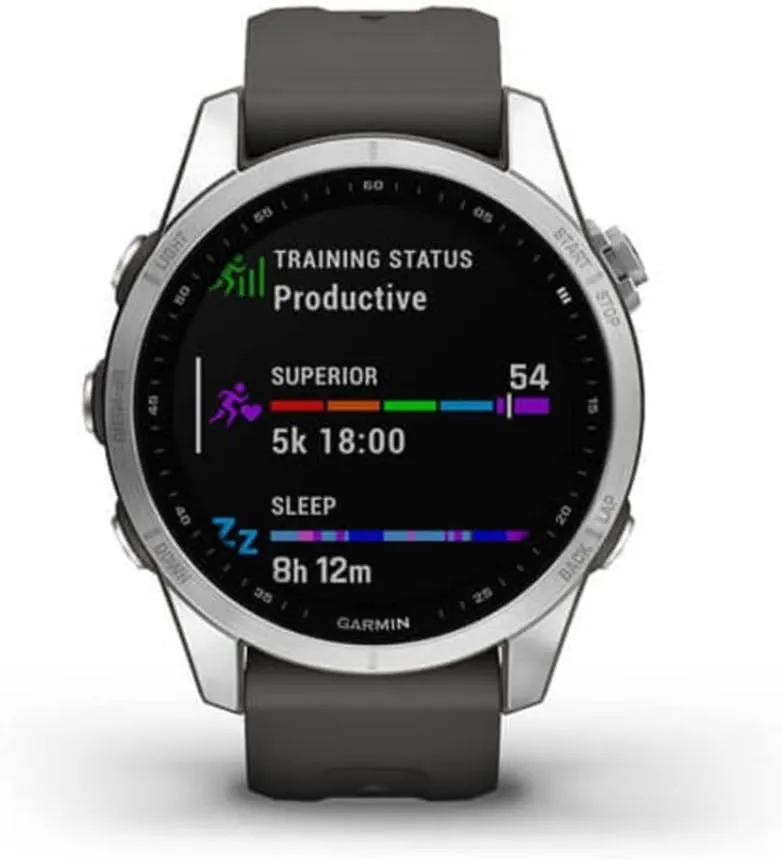 Garmin fenix 7S, smaller sized adventure smartwatch, rugged outdoor watch with GPS, touchscreen, health and wellness features, silver with graphite band, 010-02539-00