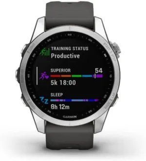 Garmin fenix 7S, smaller sized adventure smartwatch, rugged outdoor watch with GPS, touchscreen, health and wellness features, silver with graphite band, 010-02539-00