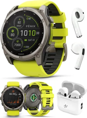 Garmin Fenix 8 Solar Sapphire (51mm, Titanium/Amp Yellow) Multisport GPS Smartwatch Bundle - 1.4” Touchscreen, Built-in LED Flashlight with PlayBetter Wireless Running Earbuds