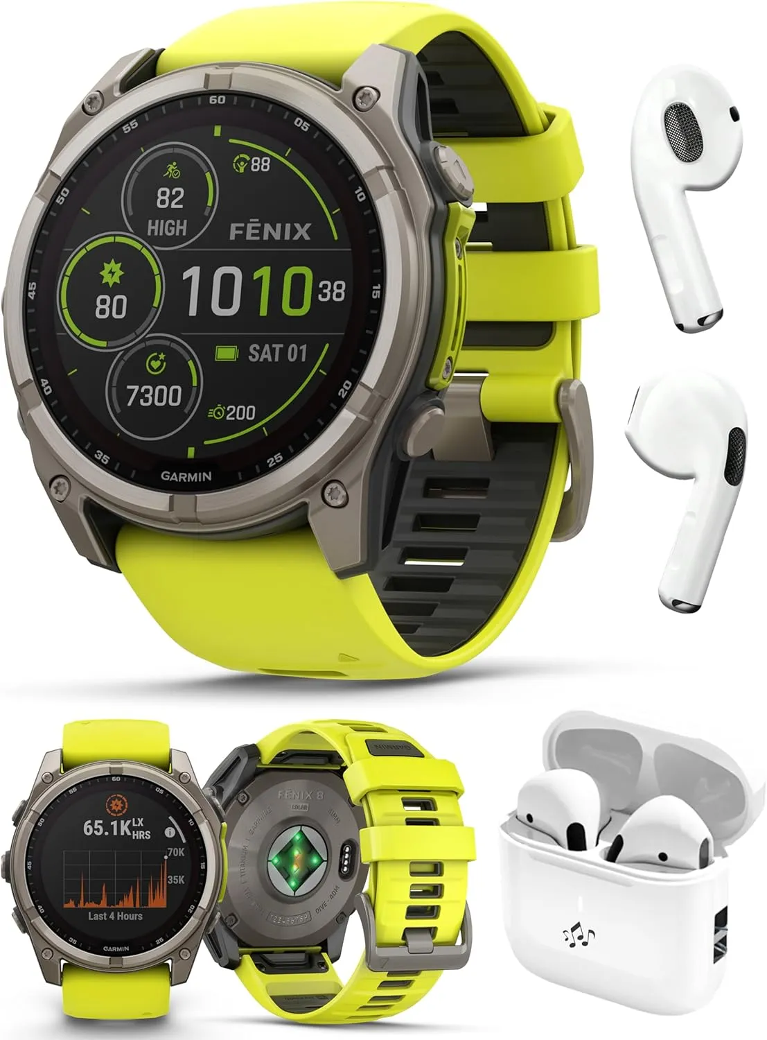 Garmin Fenix 8 Solar Sapphire (51mm, Titanium/Amp Yellow) Multisport GPS Smartwatch Bundle - 1.4” Touchscreen, Built-in LED Flashlight with PlayBetter Wireless Running Earbuds