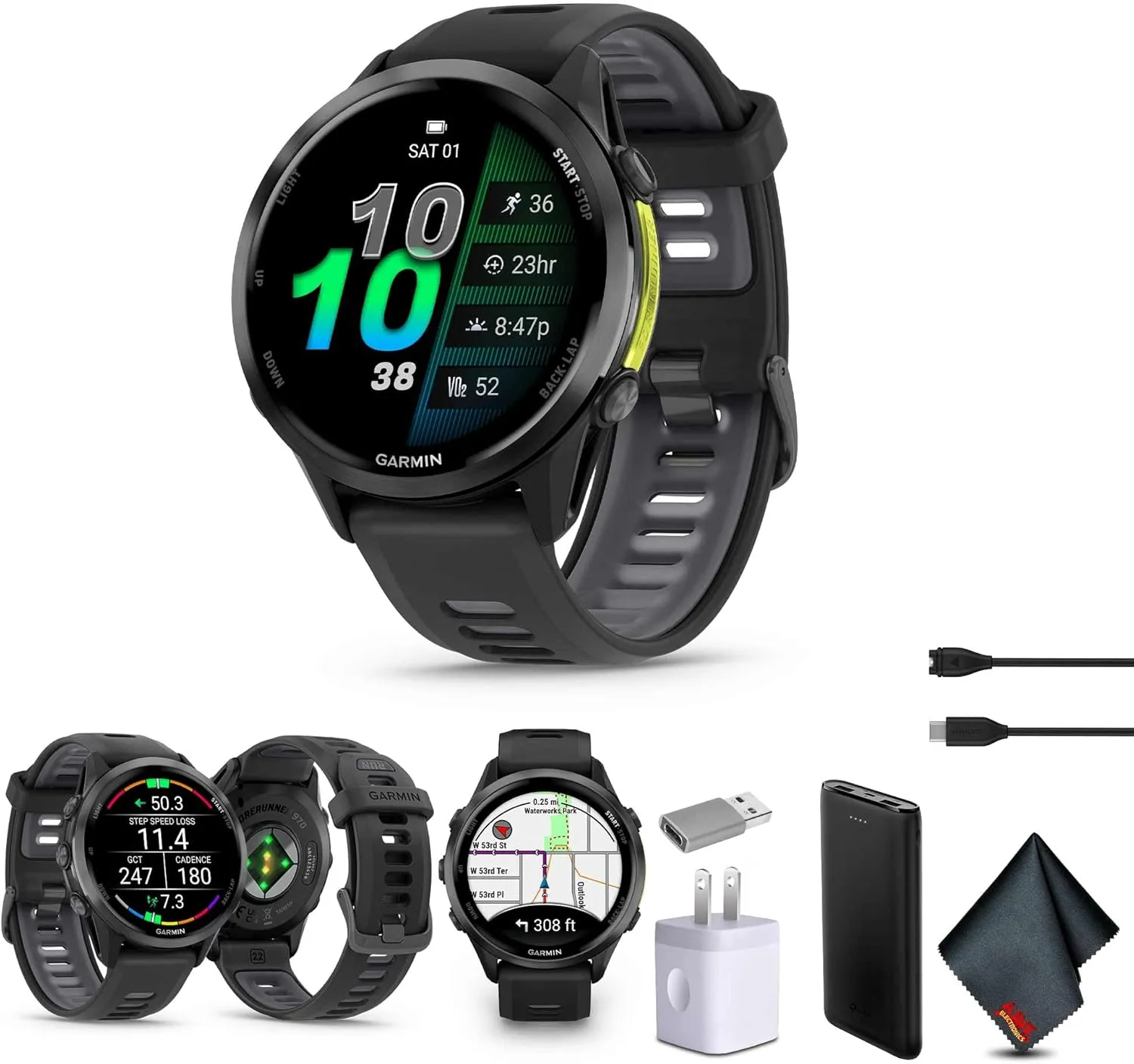 Garmin Forerunner 970 Running Smartwatch, GPS Fitness Smart Watch for Men and Women, Carbon Gray DLC Titanium with Black Case and Black/Translucent Whitestone Band​ Bundle with P-Bank   More