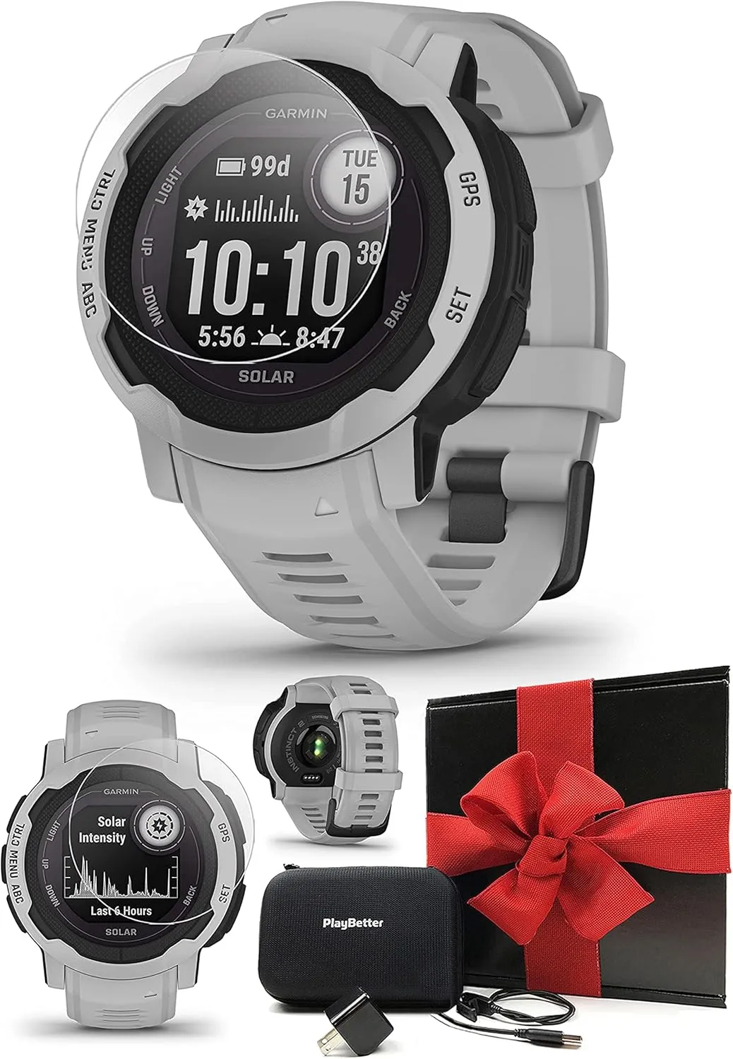 Garmin Instinct 2 Solar (Mist Gray) Rugged GPS Smartwatch Gift Box Bundle - 24/7 Health Monitoring, Tough & Durable, Sports Apps - Includes PlayBetter Screen Protectors, Wall Adapter & Hard Case