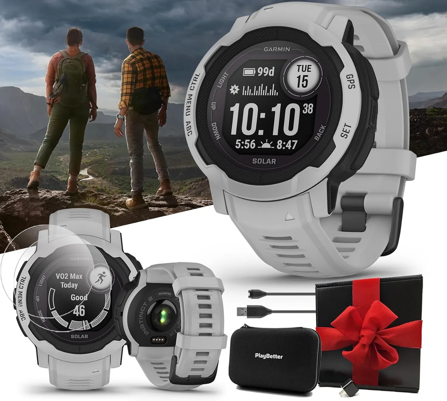 Garmin Instinct 2 Solar (Mist Gray) Rugged GPS Smartwatch Gift Box Bundle - 24/7 Health Monitoring, Tough & Durable, Sports Apps - Includes PlayBetter Screen Protectors, Wall Adapter & Hard Case