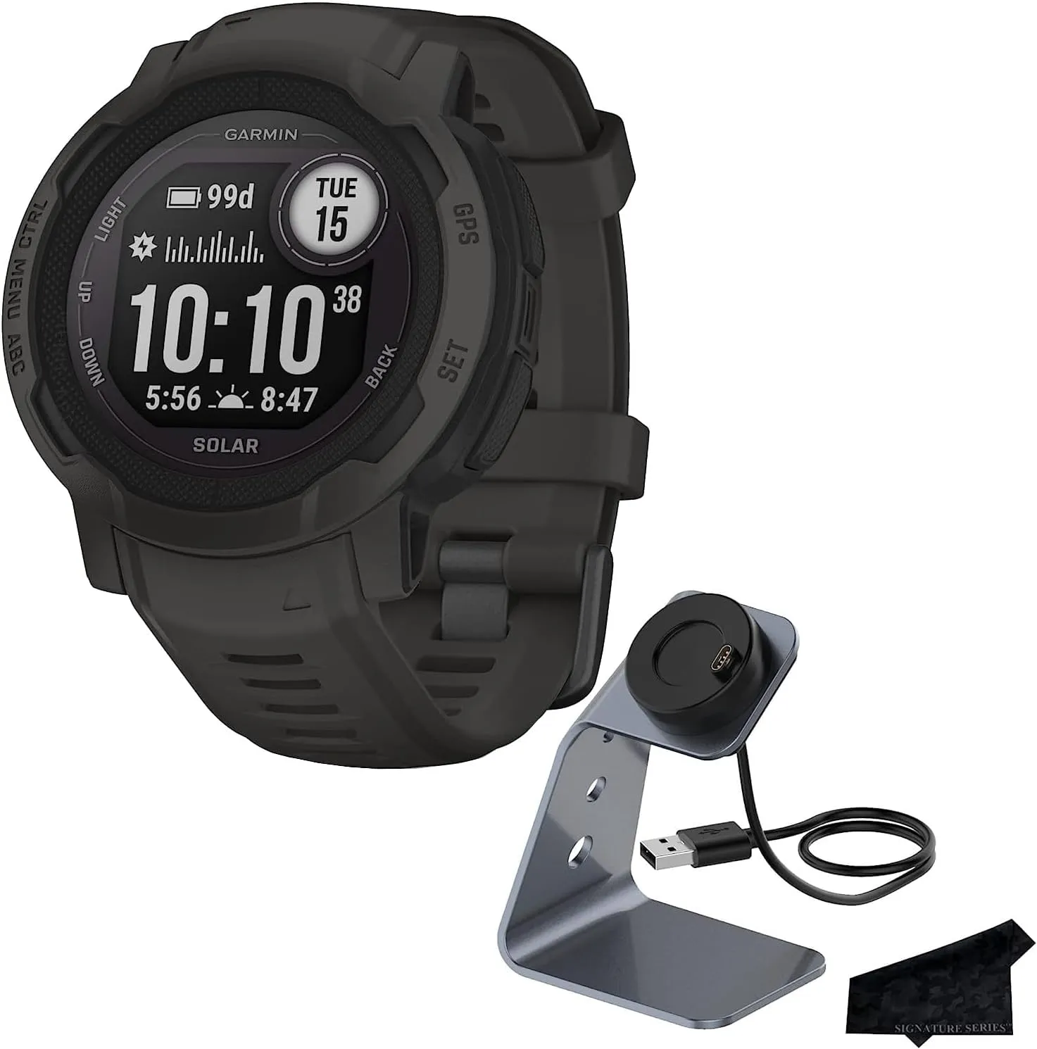 Garmin Instinct 2 Solar, Rugged Outdoor GPS Smartwatch with Solar Charging, Graphite | Heart Rate Monitor, Built-in Sports Apps, Up to 28 Day Battery Life with Signature Series Charging Bundle