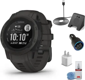 Garmin Instinct 2S - Standard Edition Smart Watch-Graphite   Watch Charging Stand   USB Car/Wall Adapter   6Ave Cleaning Kit (010-02563-10)