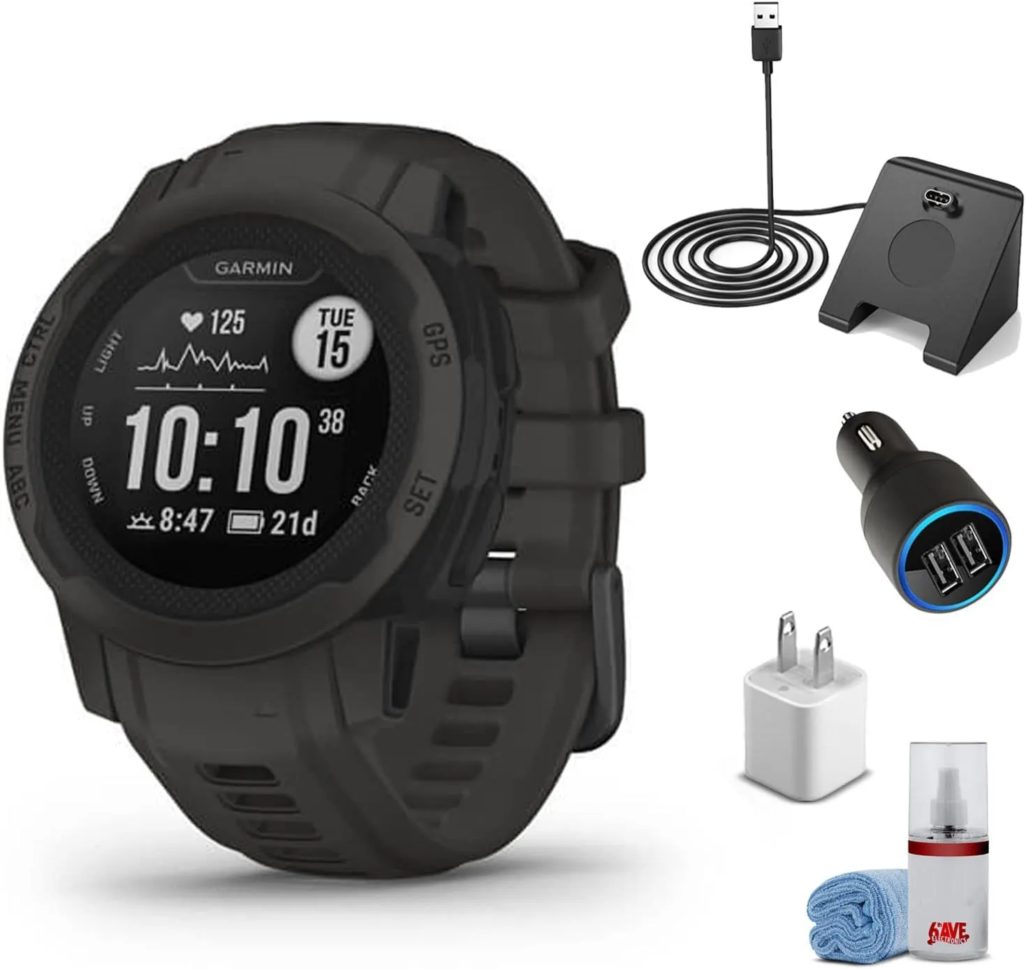 Garmin Instinct 2S - Standard Edition Smart Watch-Graphite   Watch Charging Stand   USB Car/Wall Adapter   6Ave Cleaning Kit (010-02563-10)