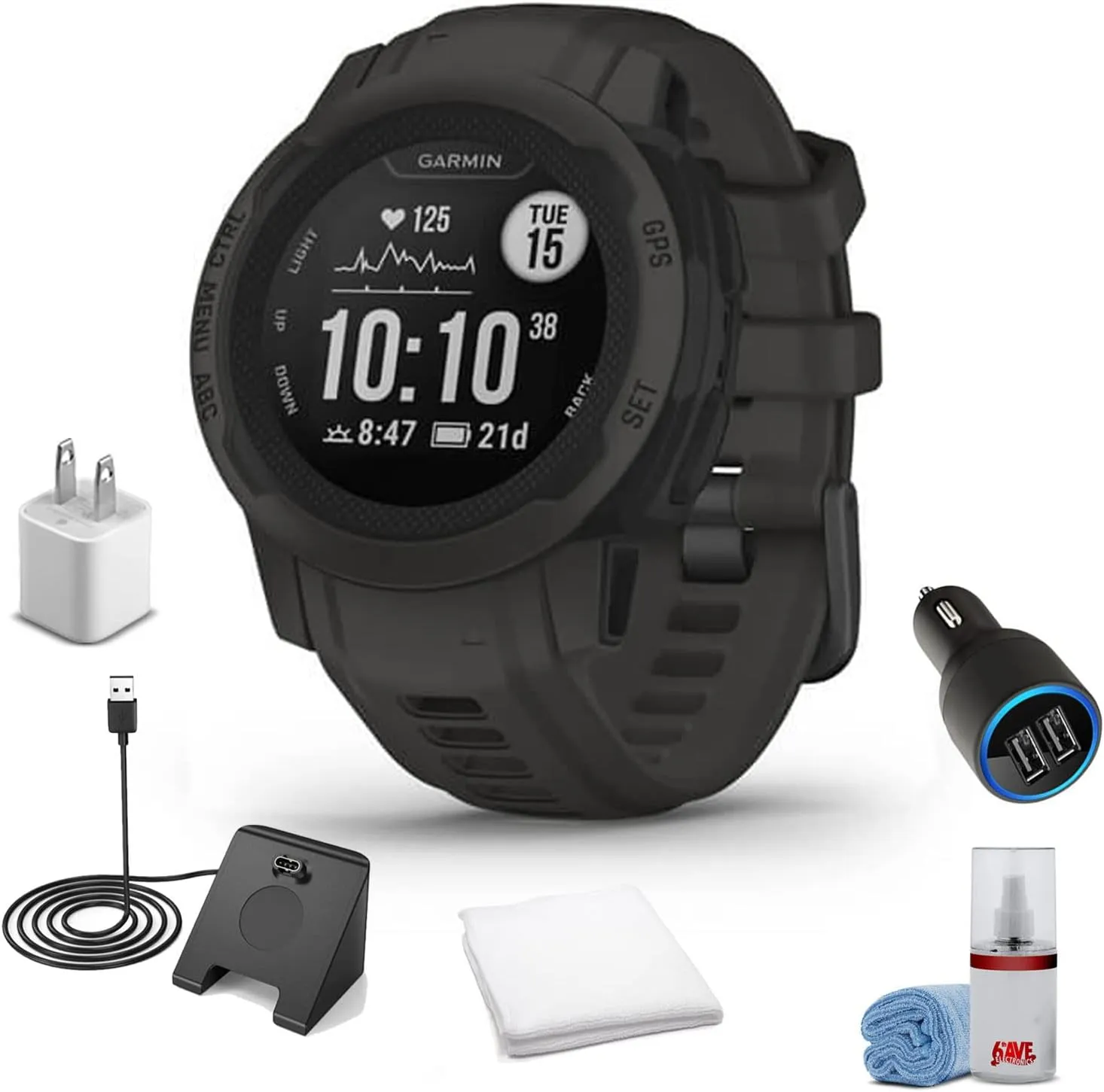 Garmin Instinct 2S - Standard Edition Smart Watch-Graphite   Watch Charging Stand   USB Car/Wall Adapter   6Ave Cleaning Kit   Sweat Workout Towel (010-02563-10)