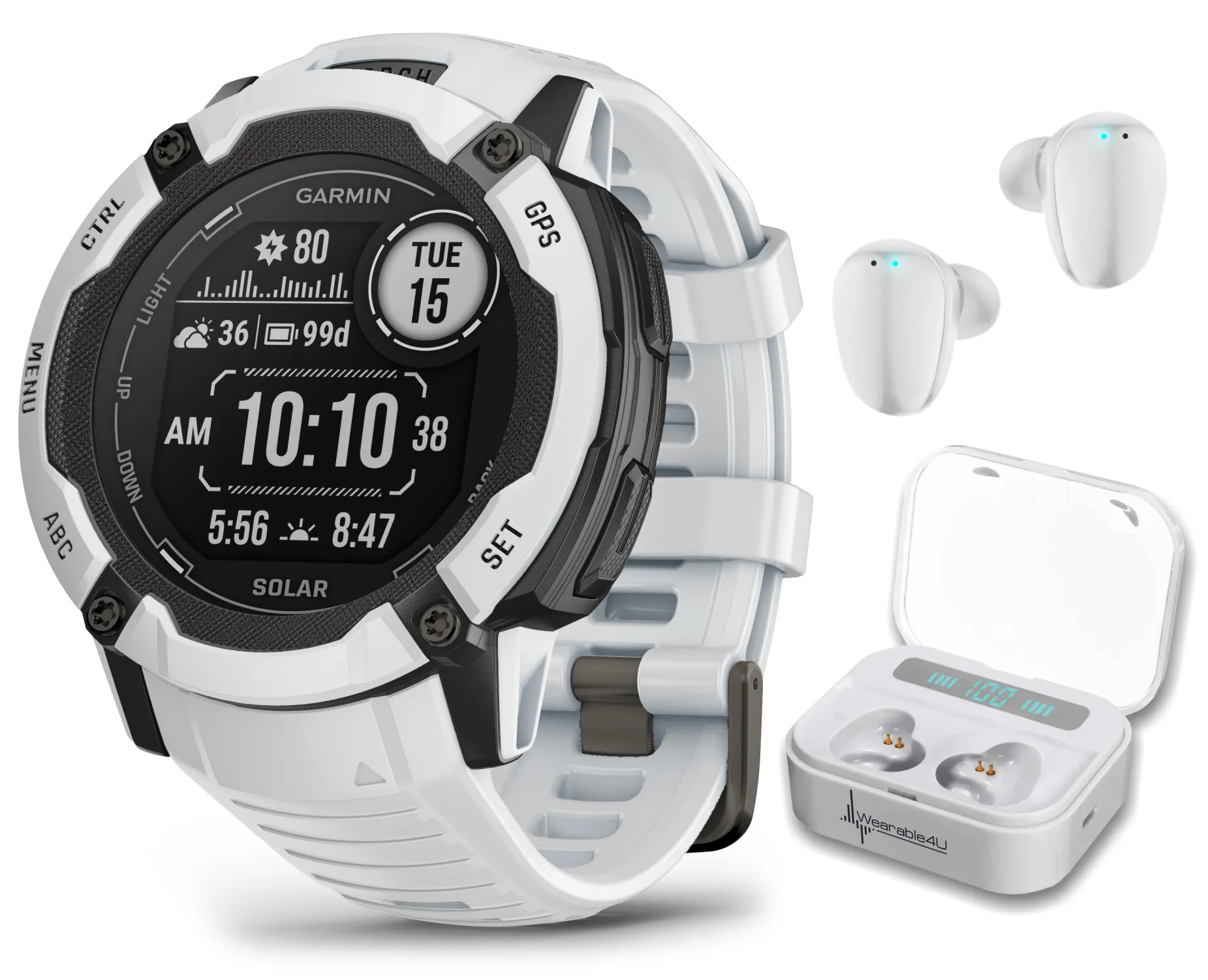 Garmin Instinct 2X Solar Series Rugged GPS Men Smartwatch with Power Glass Lens, LED Flashlight with Wearable4U EarBuds Bundle