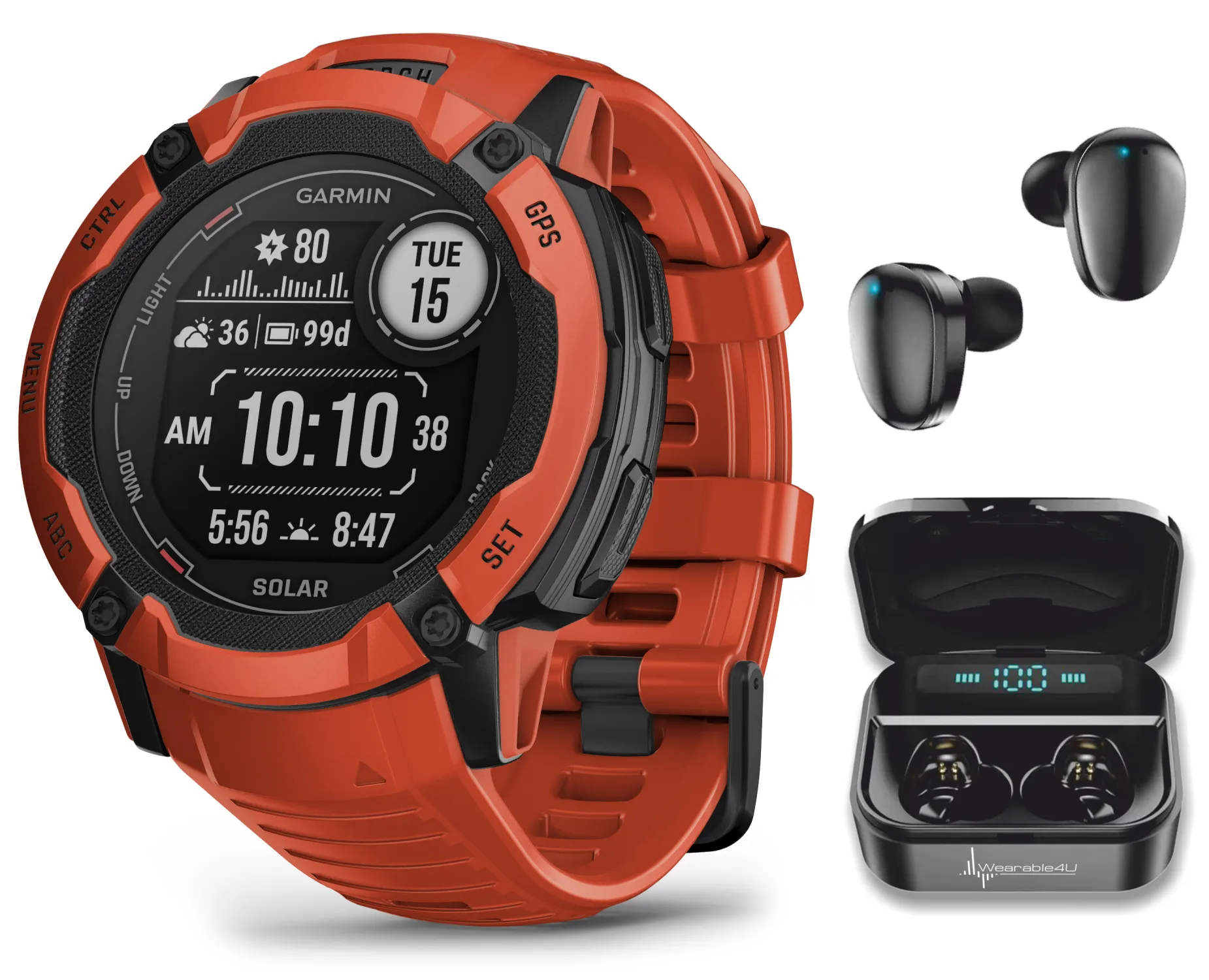 Garmin Instinct 2X Solar Series Rugged GPS Men Smartwatch with Power Glass Lens, LED Flashlight with Wearable4U EarBuds Bundle