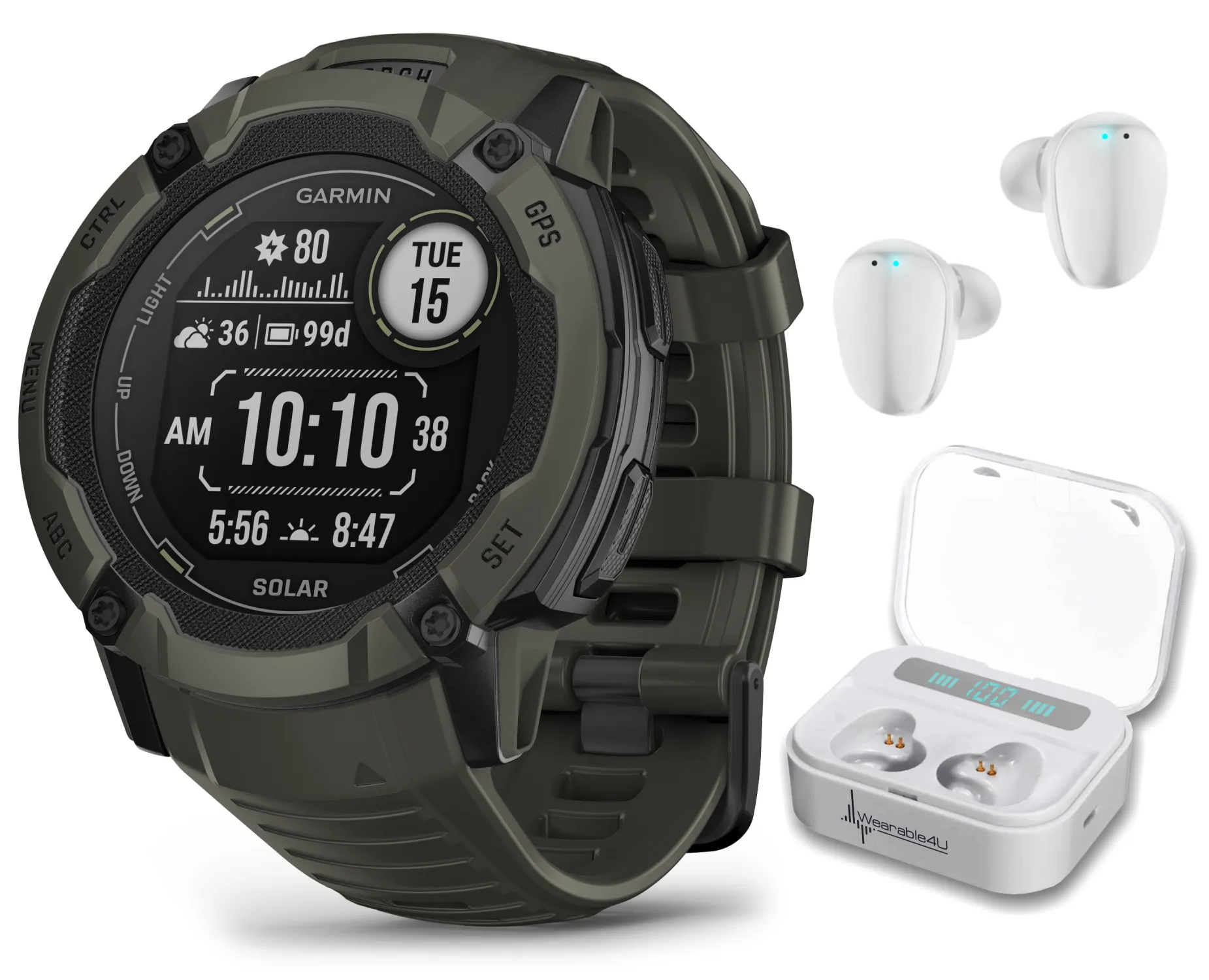 Garmin Instinct 2X Solar Series Rugged GPS Men Smartwatch with Power Glass Lens, LED Flashlight with Wearable4U EarBuds Bundle