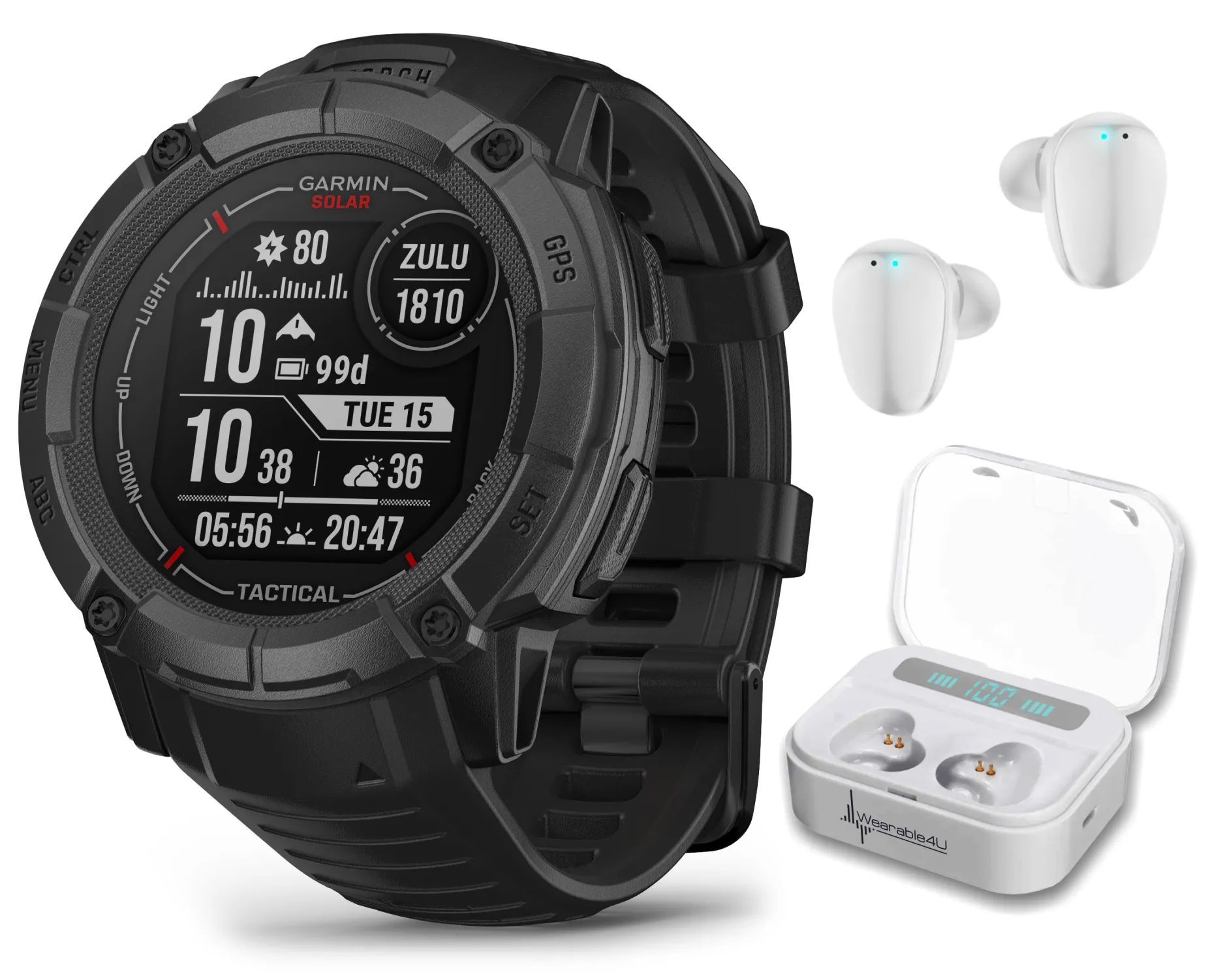 Garmin Instinct 2X Solar Series Rugged GPS Men Smartwatch with Power Glass Lens, LED Flashlight with Wearable4U EarBuds Bundle
