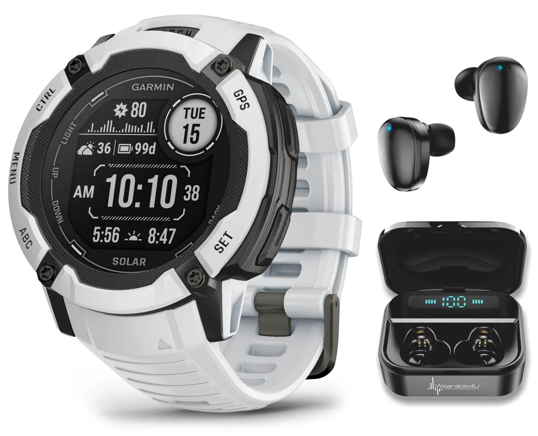 Garmin Instinct 2X Solar Series Rugged GPS Men Smartwatch with Power Glass Lens, LED Flashlight with Wearable4U EarBuds Bundle