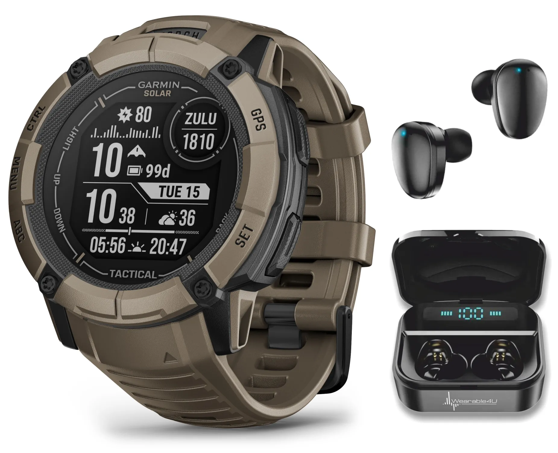 Garmin Instinct 2X Solar Series Rugged GPS Men Smartwatch with Power Glass Lens, LED Flashlight with Wearable4U EarBuds Bundle