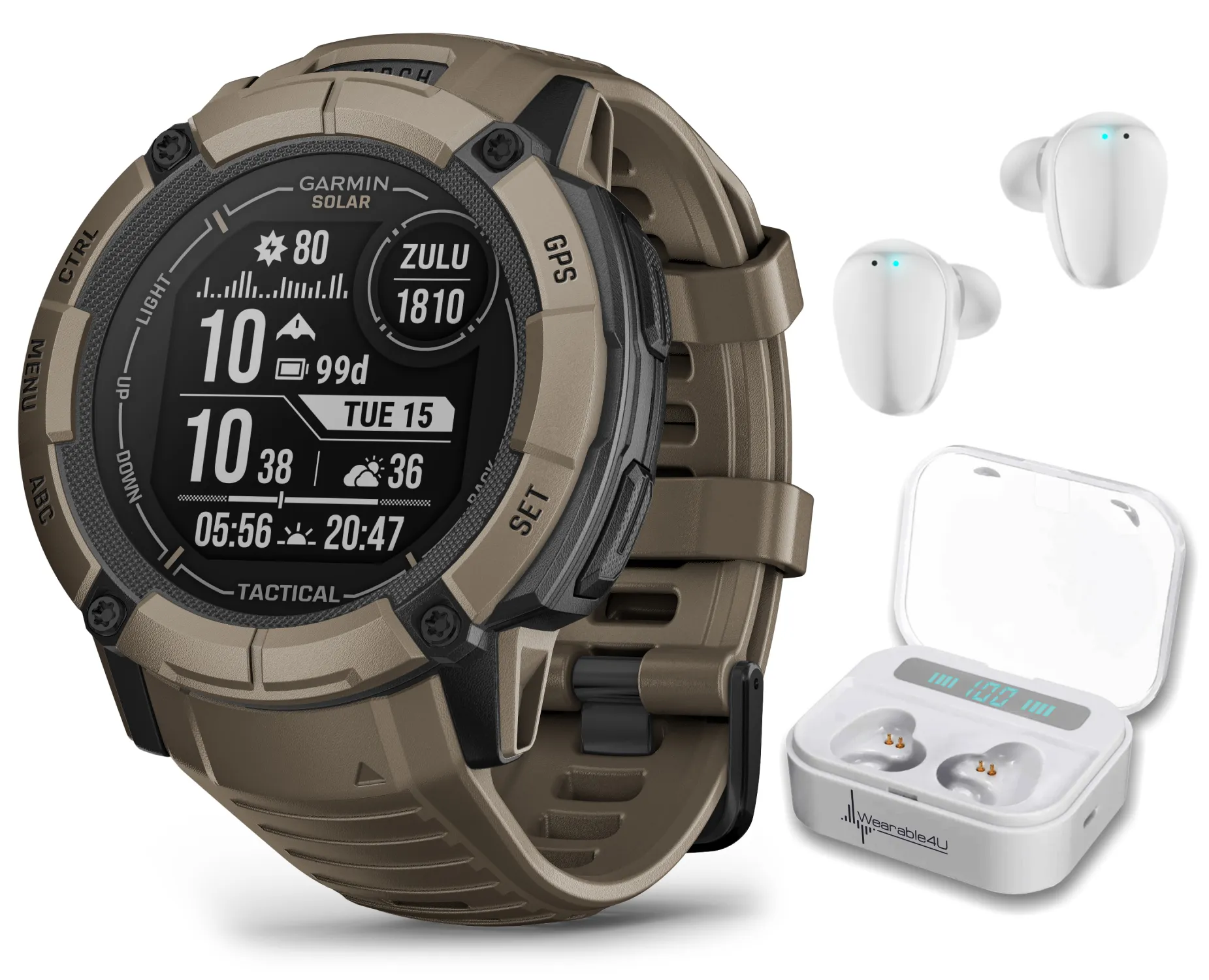 Garmin Instinct 2X Solar Series Rugged GPS Men Smartwatch with Power Glass Lens, LED Flashlight with Wearable4U EarBuds Bundle
