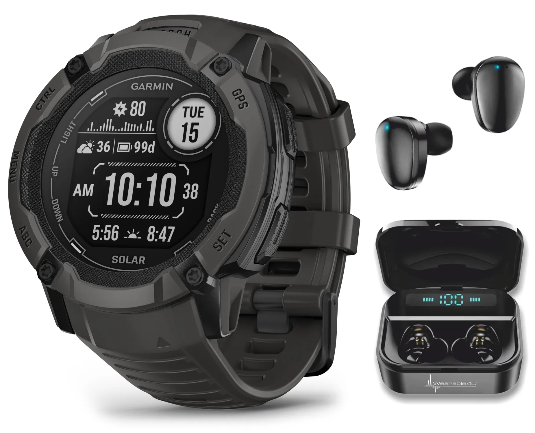 Garmin Instinct 2X Solar Series Rugged GPS Men Smartwatch with Power Glass Lens, LED Flashlight with Wearable4U EarBuds Bundle