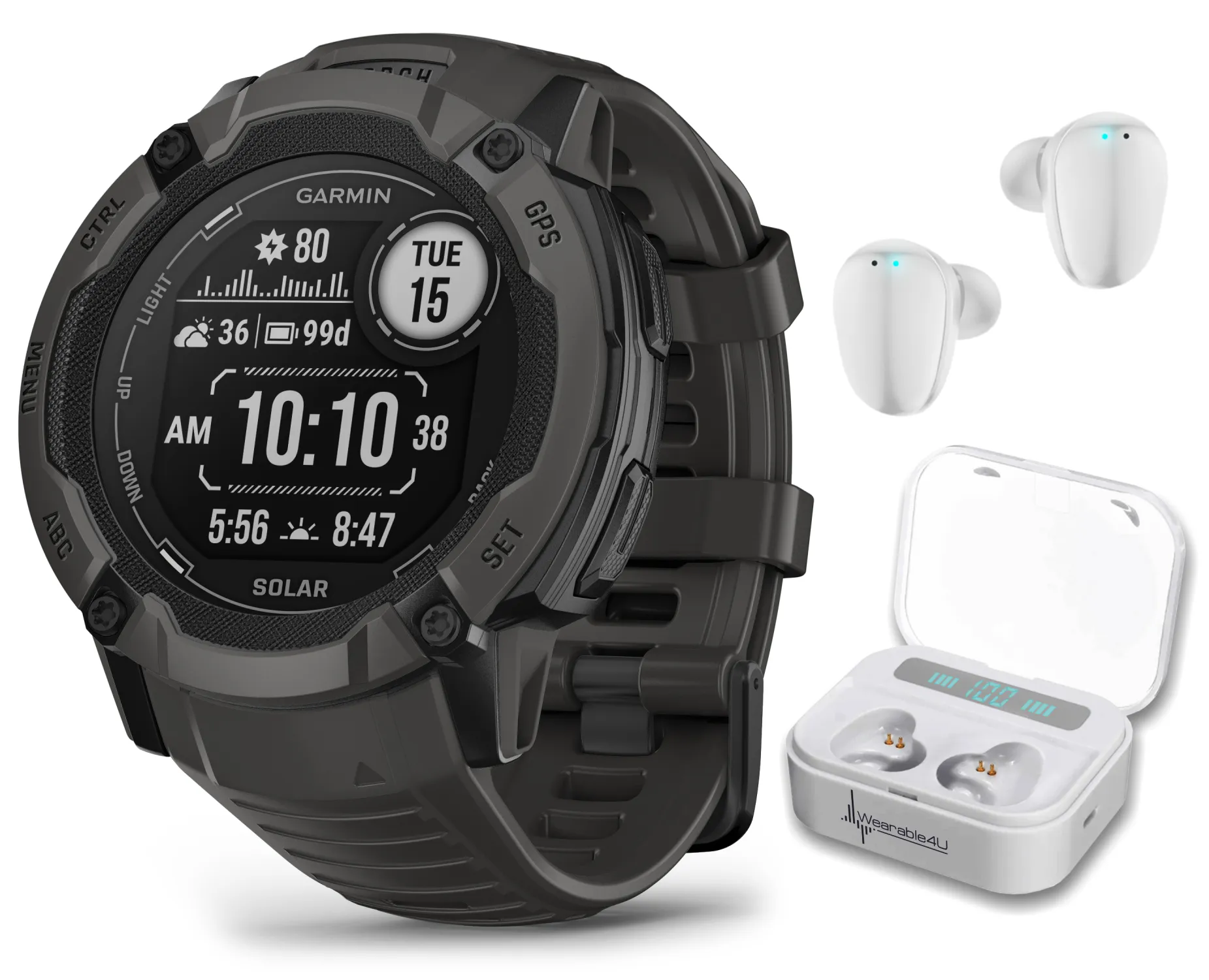 Garmin Instinct 2X Solar Series Rugged GPS Men Smartwatch with Power Glass Lens, LED Flashlight with Wearable4U EarBuds Bundle