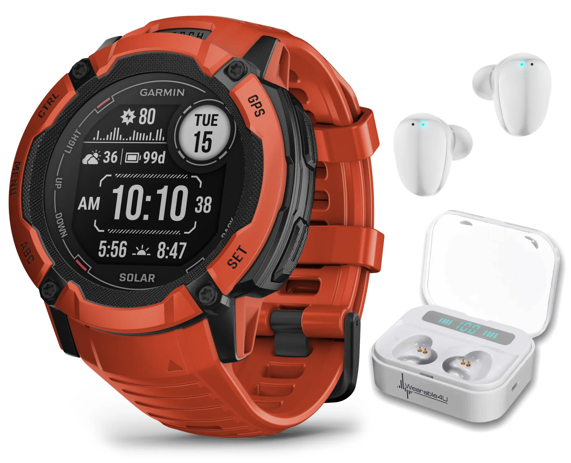 Garmin Instinct 2X Solar Series Rugged GPS Men Smartwatch with Power Glass Lens, LED Flashlight with Wearable4U EarBuds Bundle