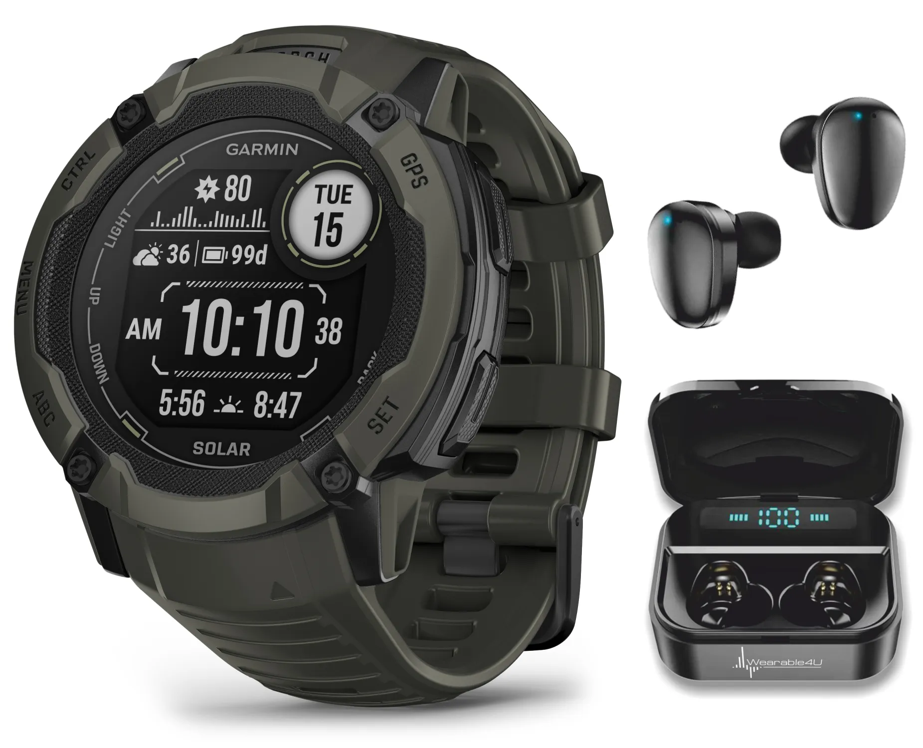 Garmin Instinct 2X Solar Series Rugged GPS Men Smartwatch with Power Glass Lens, LED Flashlight with Wearable4U EarBuds Bundle