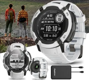 Garmin Instinct 2X Solar (Whitestone) Rugged GPS Smartwatch Bundle - Multi-Band GNSS, 24/7 Health Monitoring, Smart Notifications with PlayBetter Portable Charger & Screen Protectors