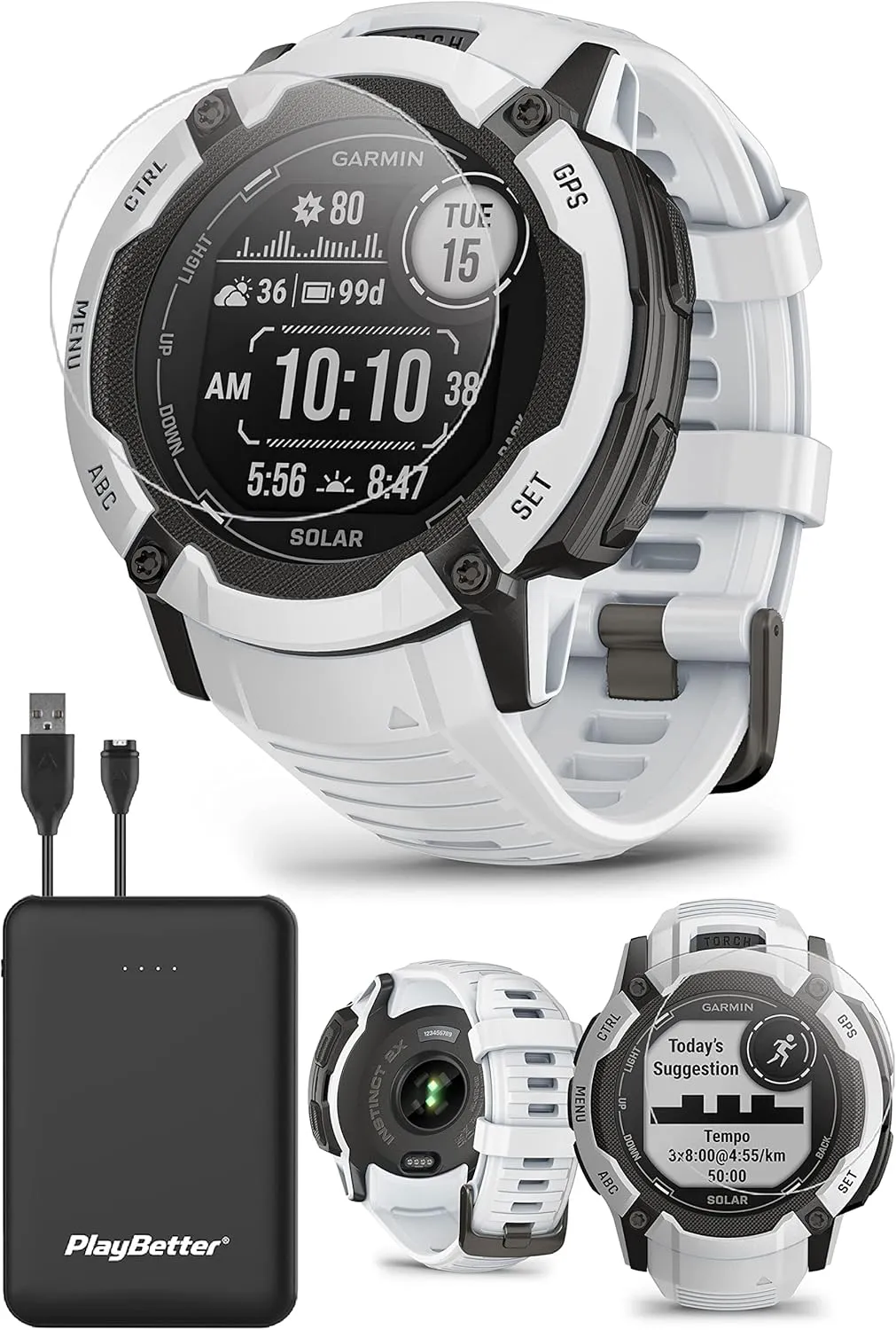 Garmin Instinct 2X Solar (Whitestone) Rugged GPS Smartwatch Bundle - Multi-Band GNSS, 24/7 Health Monitoring, Smart Notifications with PlayBetter Portable Charger & Screen Protectors