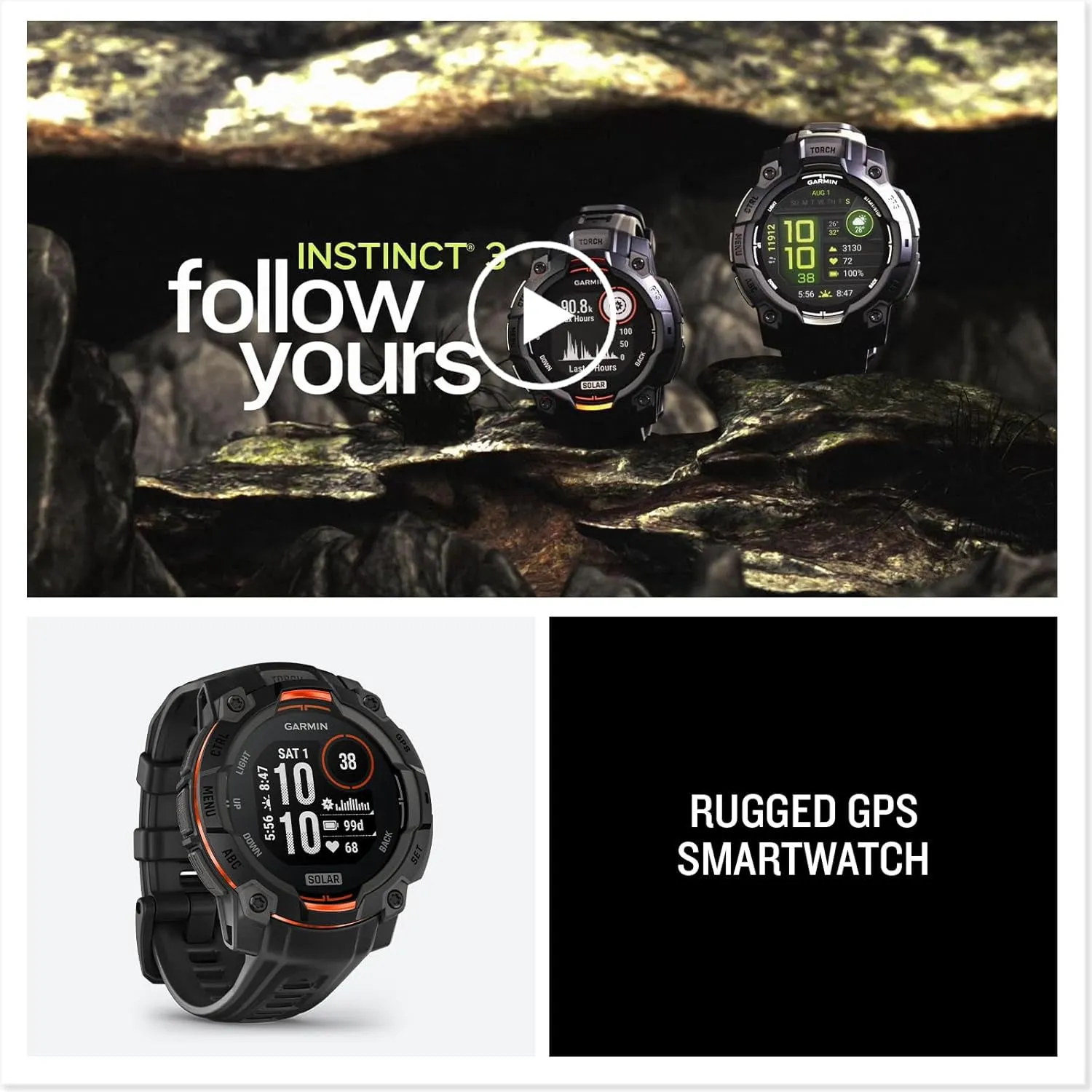 Garmin Instinct® 3 45 MM Unisex Black Solar Charged Display Metal-Reinforced Bezel Built-in Flashlight Rugged Outdoor GPS Smartwatch - 010-02934-00