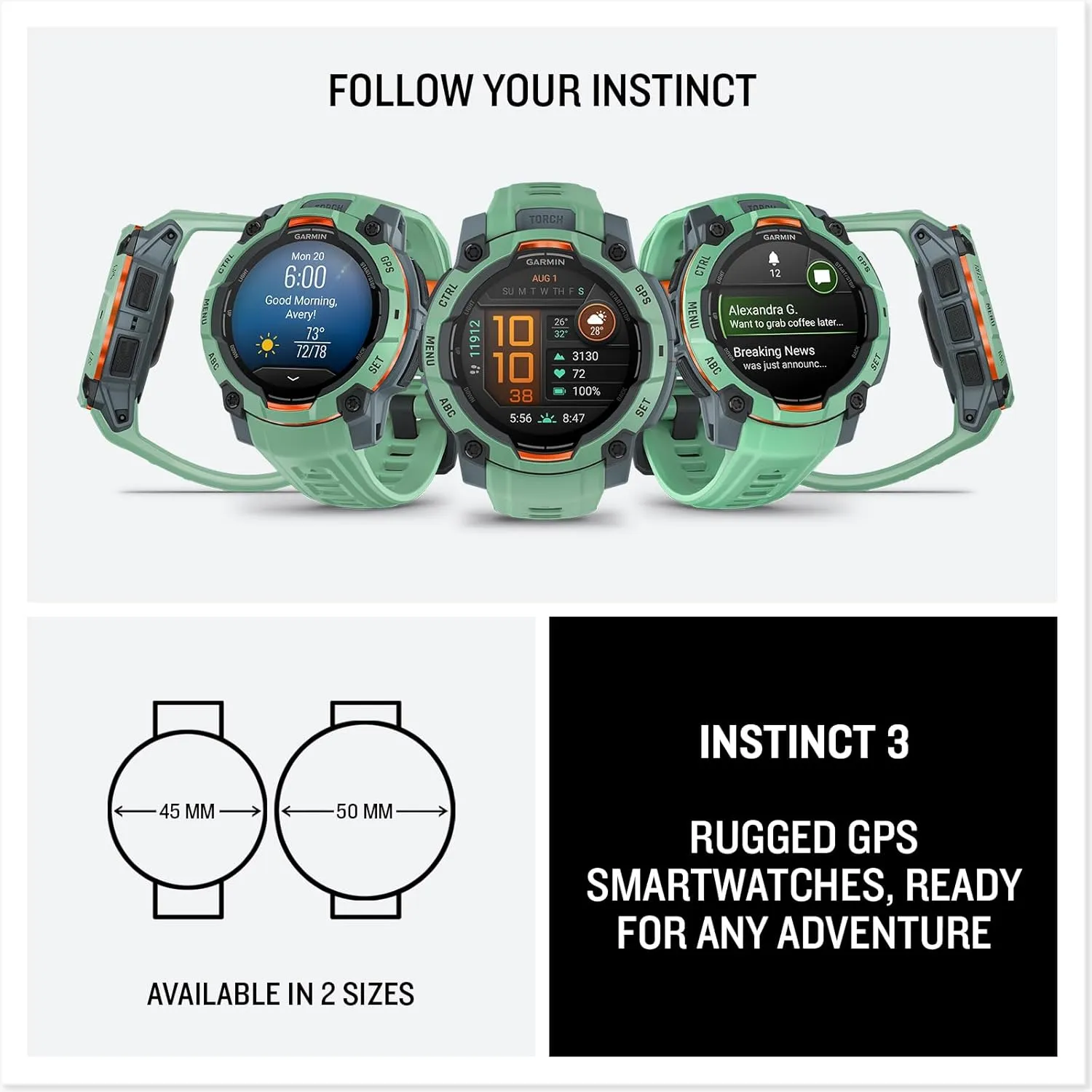 Garmin Instinct® 3 45mm, AMOLED Display, Rugged Outdoor GPS Smartwatch, Metal-Reinforced Bezel, Built-in Flashlight, Up to 18 Days of Battery Life, Neo Tropic