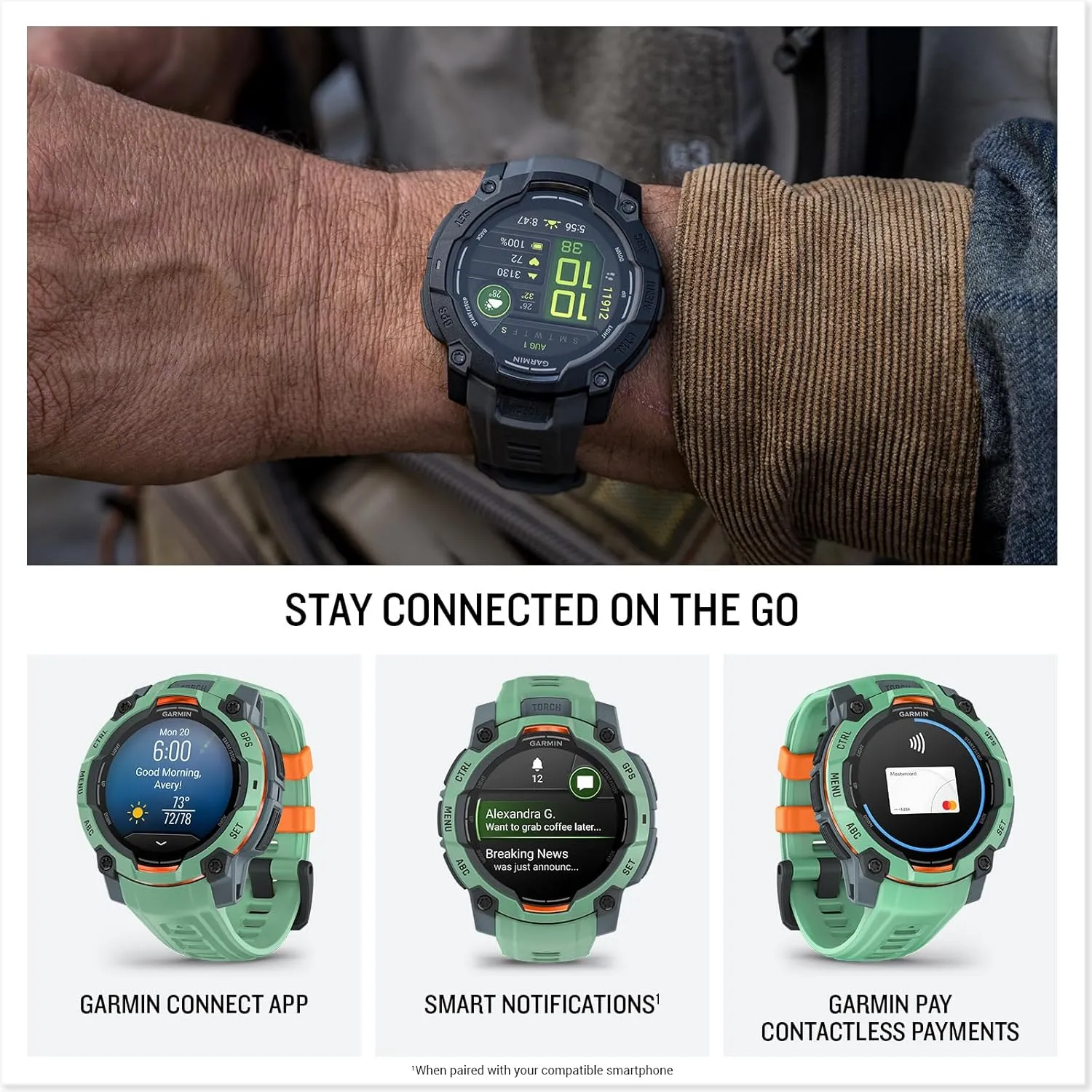 Garmin Instinct® 3 45mm, AMOLED Display, Rugged Outdoor GPS Smartwatch, Metal-Reinforced Bezel, Built-in Flashlight, Up to 18 Days of Battery Life, Neo Tropic