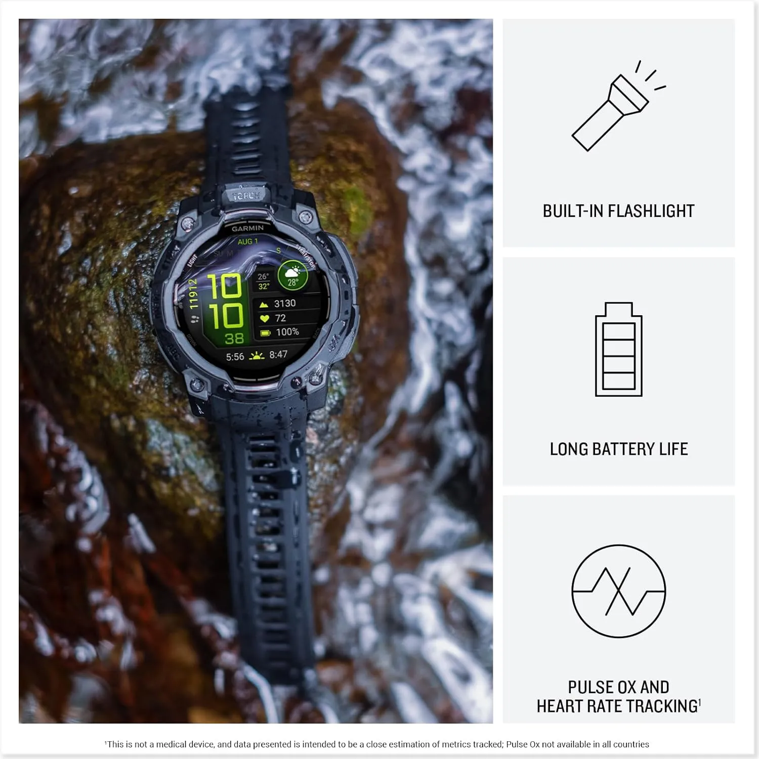 Garmin Instinct® 3 45mm, AMOLED Display, Rugged Outdoor GPS Smartwatch, Metal-Reinforced Bezel, Built-in Flashlight, Up to 18 Days of Battery Life, Neo Tropic