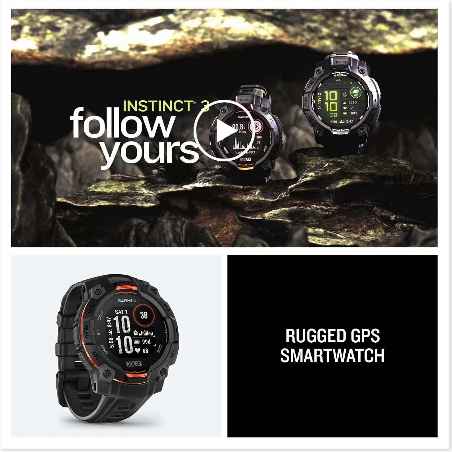 Garmin Instinct® 3 45mm, Solar Charged Display, Rugged Outdoor GPS Smartwatch, Metal-Reinforced Bezel, Built-in Flashlight, Black