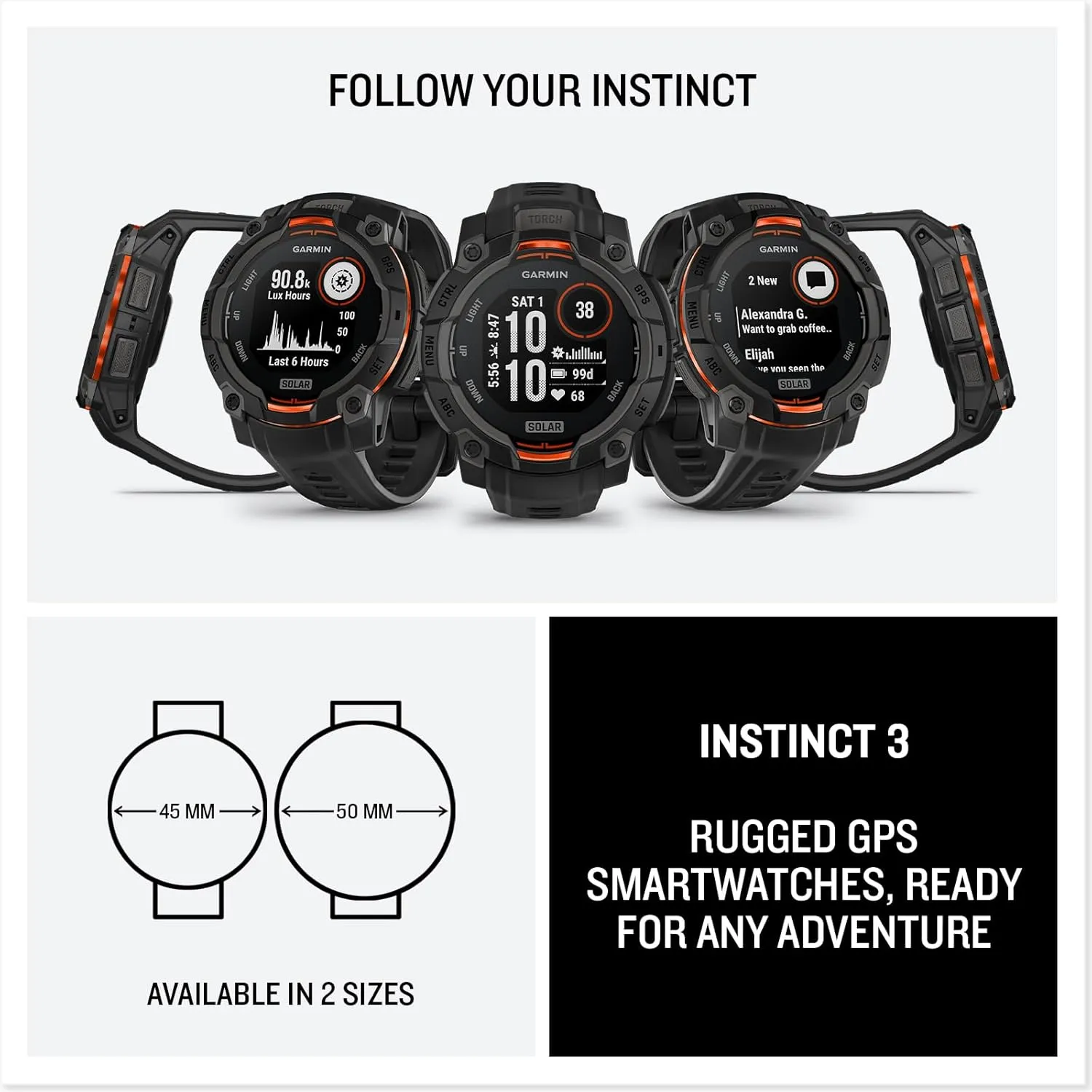 Garmin Instinct® 3 45mm, Solar Charged Display, Rugged Outdoor GPS Smartwatch, Metal-Reinforced Bezel, Built-in Flashlight, Black