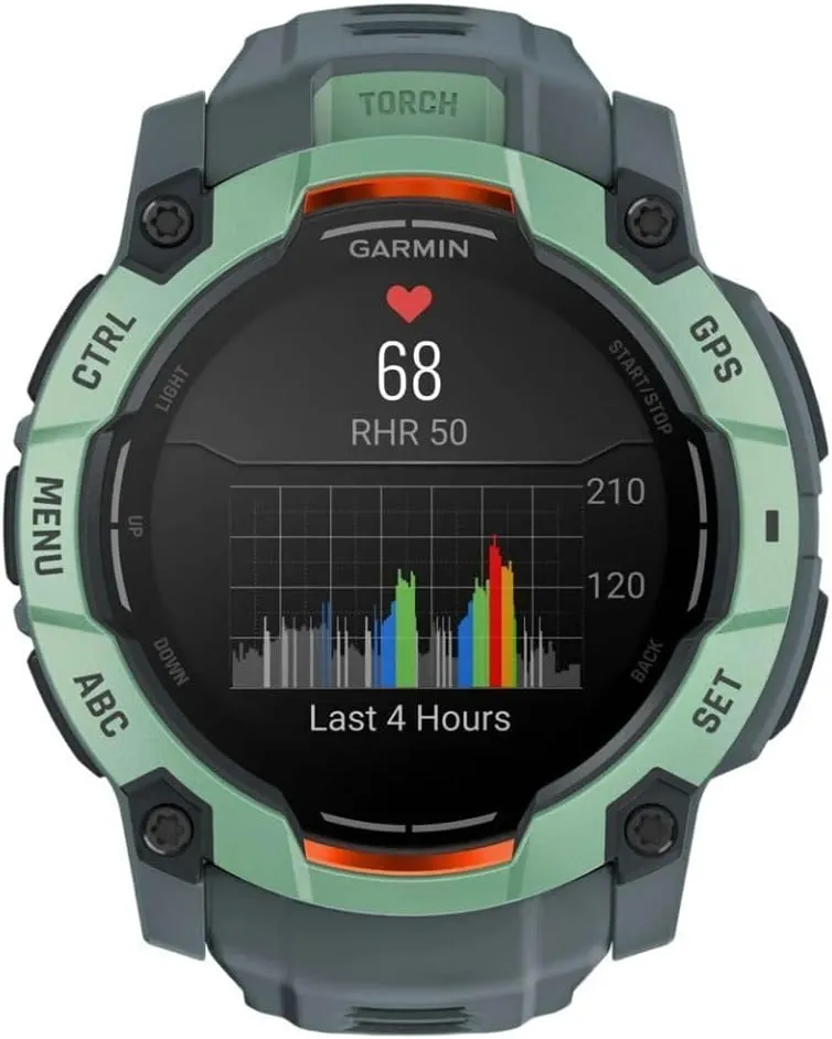 Garmin Instinct® 3 50mm, AMOLED Display, Rugged Outdoor GPS Smartwatch, Metal-Reinforced Bezel, Built-in Flashlight, Up to 18 Days of Battery Life, Neo Tropic/Twilight