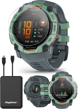 Garmin Instinct 3 AMOLED 50mm (Neo Tropic/Twilight) Rugged Outdoor GPS Smartwatch Bundle - Metal Bezel, Built-in Flashlight, Long Battery Life with PlayBetter Portable Charger & HD Screen Protectors