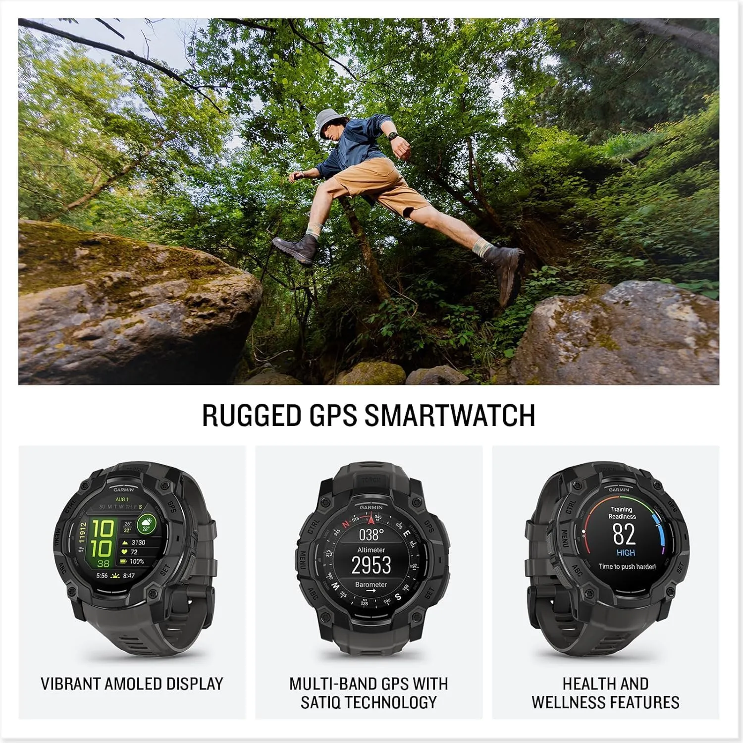 Garmin Instinct 3 AMOLED 50mm (Neo Tropic/Twilight) Rugged Outdoor GPS Smartwatch Bundle - Metal Bezel, Built-in Flashlight, Long Battery Life with PlayBetter Portable Charger & HD Screen Protectors
