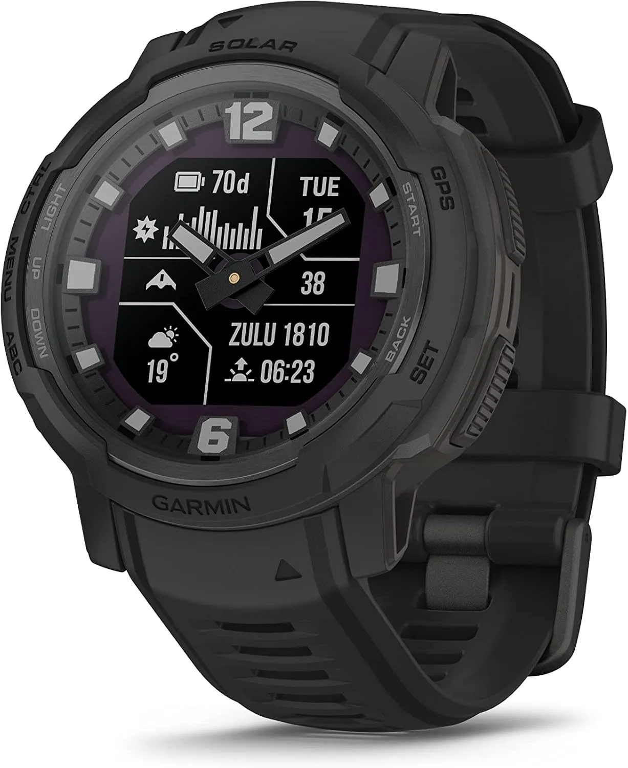 Garmin Instinct Crossover Solar Tactical, Rugged Hybrid Multisport GPS Smartwatch, Graphite | Heart Rate Monitor, Analog Hands, Digital Display, Up to 28 Day Battery Life w/Signature Charging Bundle