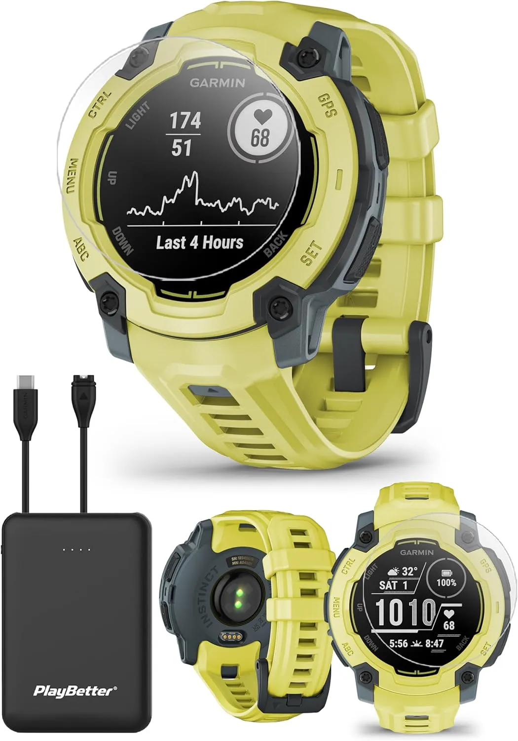 Garmin Instinct E 45mm (Electric Lime) Rugged Outdoor GPS Smartwatch Bundle - 24/7 Health Monitoring, Wrist-Based Heart Rate, Long Battery Life with PlayBetter Portable Charger & HD Screen Protectors