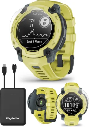 Garmin Instinct E 45mm (Electric Lime) Rugged Outdoor GPS Smartwatch Bundle - 24/7 Health Monitoring, Wrist-Based Heart Rate, Long Battery Life with PlayBetter Portable Charger & HD Screen Protectors