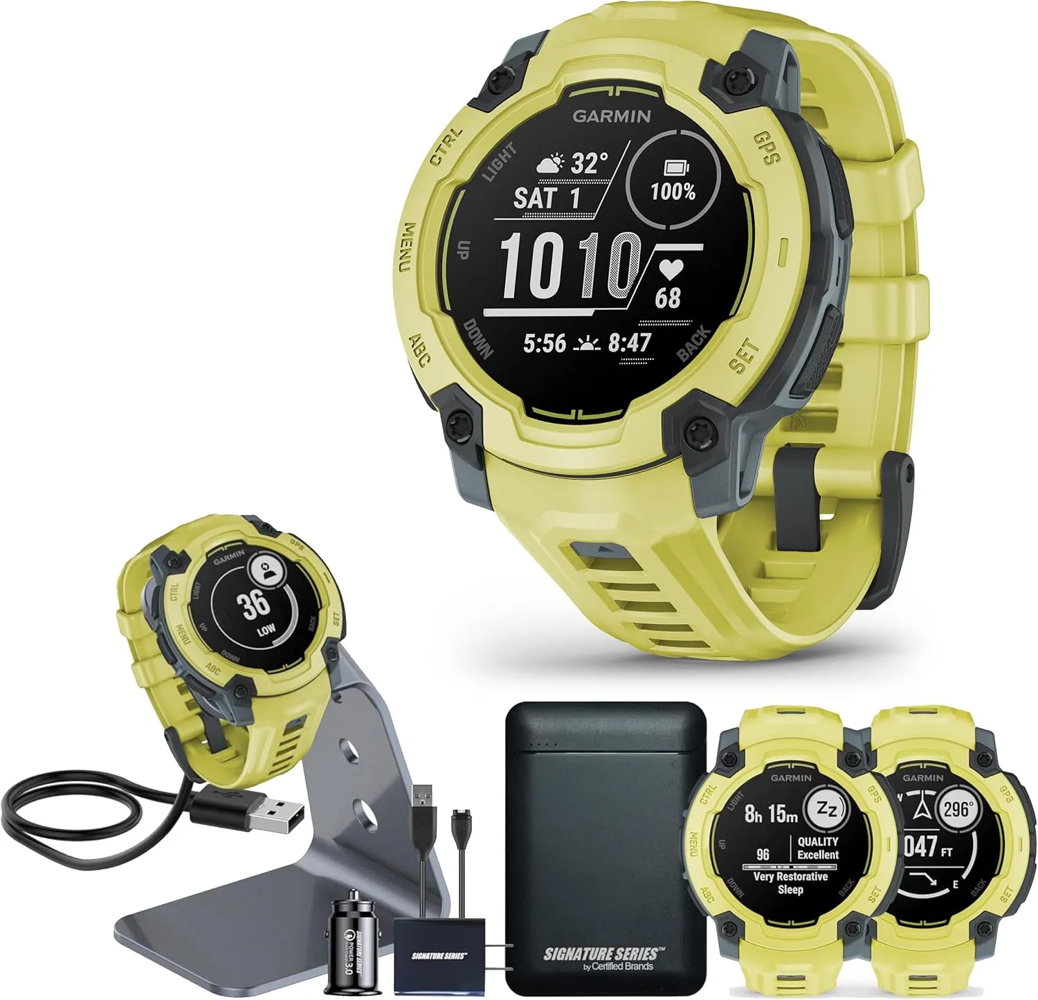 Garmin Instinct E Rugged GPS Adventure Smartwatch, Electric Lime | 45mm | Wrist Based Heart Rate Monitor, Up to 16 Days of Battery Life with Signature Stand Power Bundle