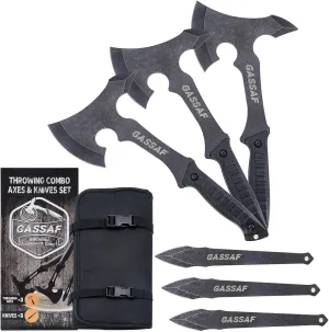 GasSaf Throwing Axe Knife Set Stainless Steel Throwing Tomahawk Axe and Stainless Steel Well-Balanced Throwing Knife， Protective Nylon Sheath for Recreation and Competition（3 Packs）