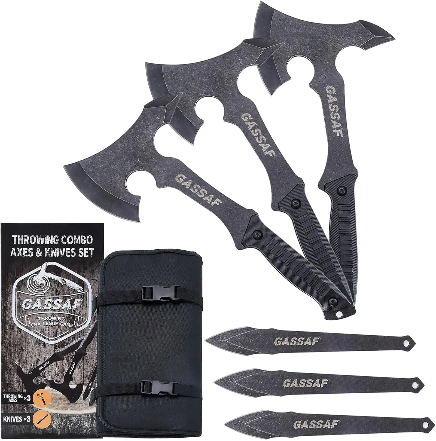 GasSaf Throwing Axe Knife Set Stainless Steel Throwing Tomahawk Axe and Stainless Steel Well-Balanced Throwing Knife， Protective Nylon Sheath for Recreation and Competition（3 Packs）