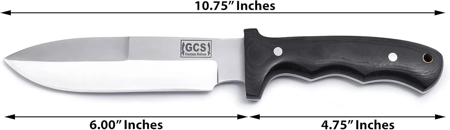 GCS Handmade Bushcraft Survival Knife - Tactical, Hunting, Camping with Grippy Micarta Handle, D2 Tool Steel, Leather Sheath; Left Hand Cross Draw & Right Hand Scout Carry - GCS115