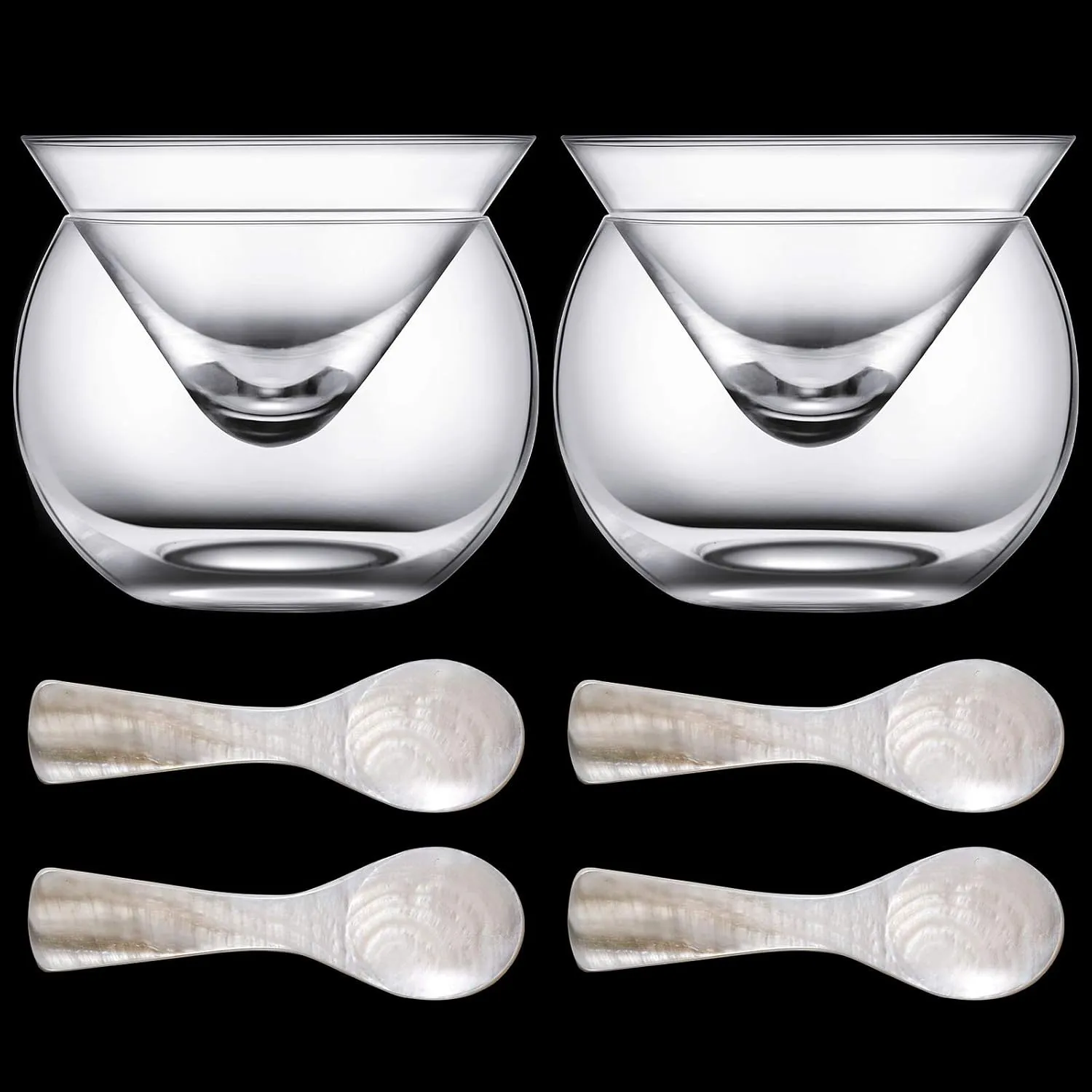 Glass Caviar Chiller Server Set Caviar Spoons 3.2 Inch Shell Spoon Mother of Pearl Round Handle for Egg, Ice Cream, Coffee, Restaurant Serving(6 Pieces)