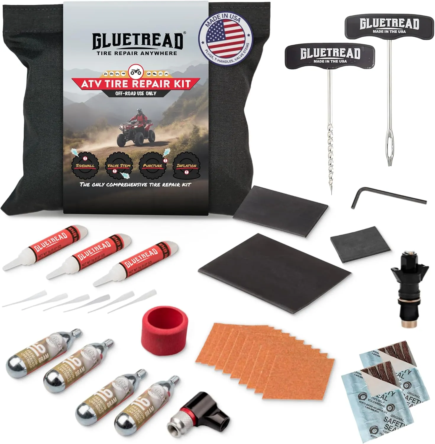 GlueTread ATV Tire Repair Kit Complete Off-Road Tire Patch Kit Includes Glue Tread Sidewall Repair Patches, Colby Emergency Valve, Emergency Tire Plug Kit with 12 Plugs, T handles and 4 CO2 Cartridges