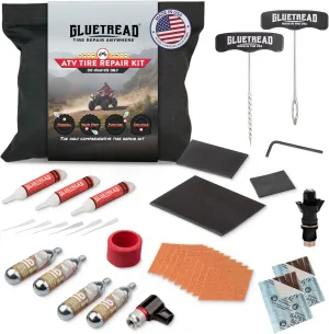 GlueTread ATV Tire Repair Kit Complete Off-Road Tire Patch Kit Includes Glue Tread Sidewall Repair Patches, Colby Emergency Valve, Emergency Tire Plug Kit with 12 Plugs, T handles and 4 CO2 Cartridges