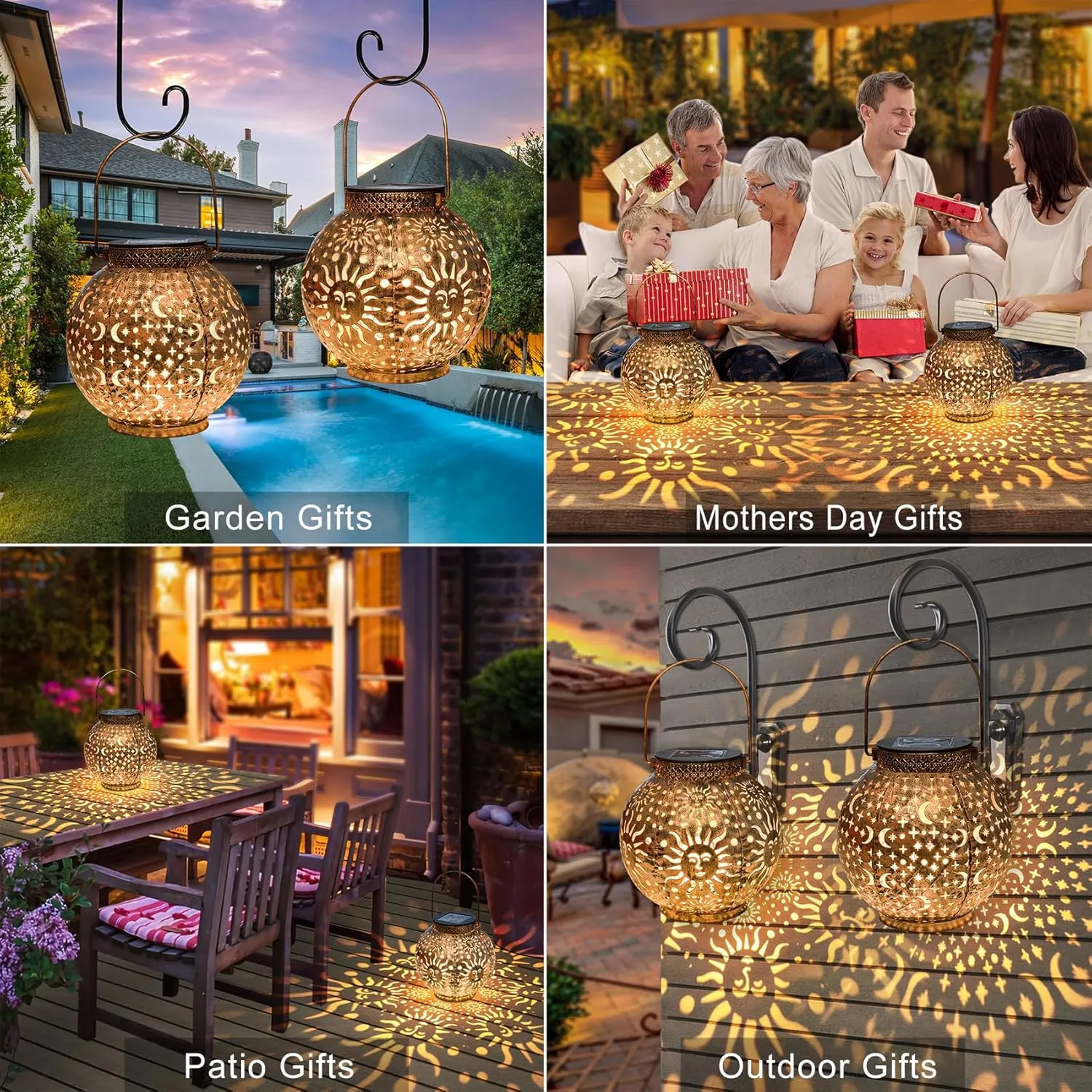 Go2garden Outdoor Solar Lanterns Waterproof Garden Gifts Women Yard Decorations Metal Moon Sun Hanging Solar Lights for Patio, Balcony, Tabletop,Birthday Mothers Day Gifts for Mom (Bronze,2Pack)