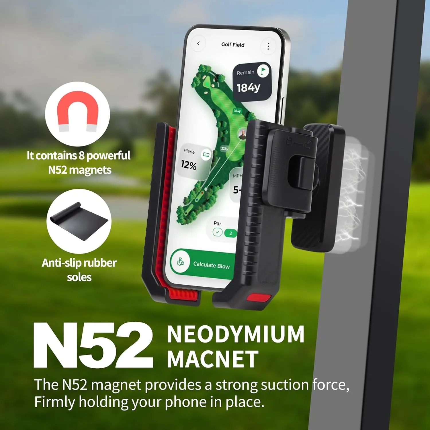 Golf Cart Phone Holder - Magnetic Phone Holder for Golf Cart with Ultra-Strong N52 Magnet & 360° Rotation, Universal Fit for Smartphones/Thick Cases - Secure Hands-Free Golf Accessories (Red)