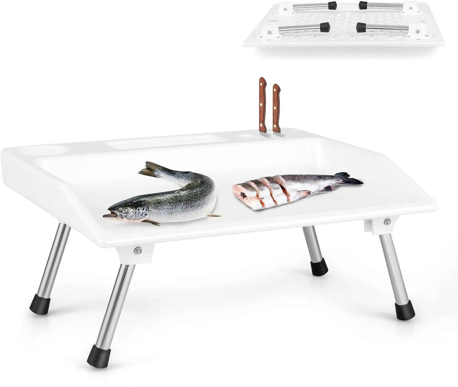 Goplus Folding Fish Cleaning Table, Portable Fish Fillet Washing Station with Drainage Hose, Cup Holder & Knife Grooves, Heavy-Duty Fillet Table, Outdoor Hunting Cutting Table for Camping Dock Beach